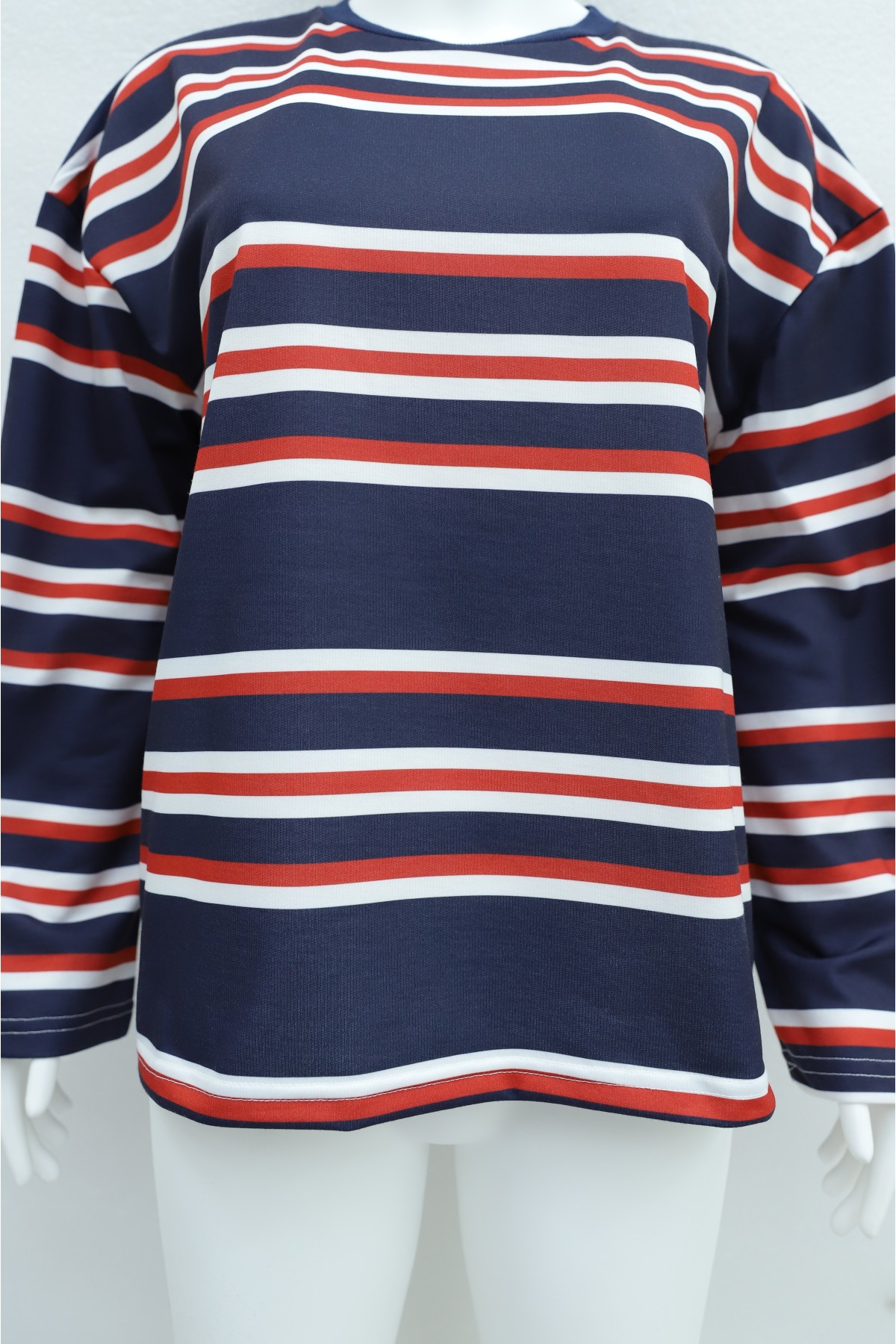 Crew Neck Thick-Striped Relaxed-Fit Jersey Sweatshirt -Navy blue