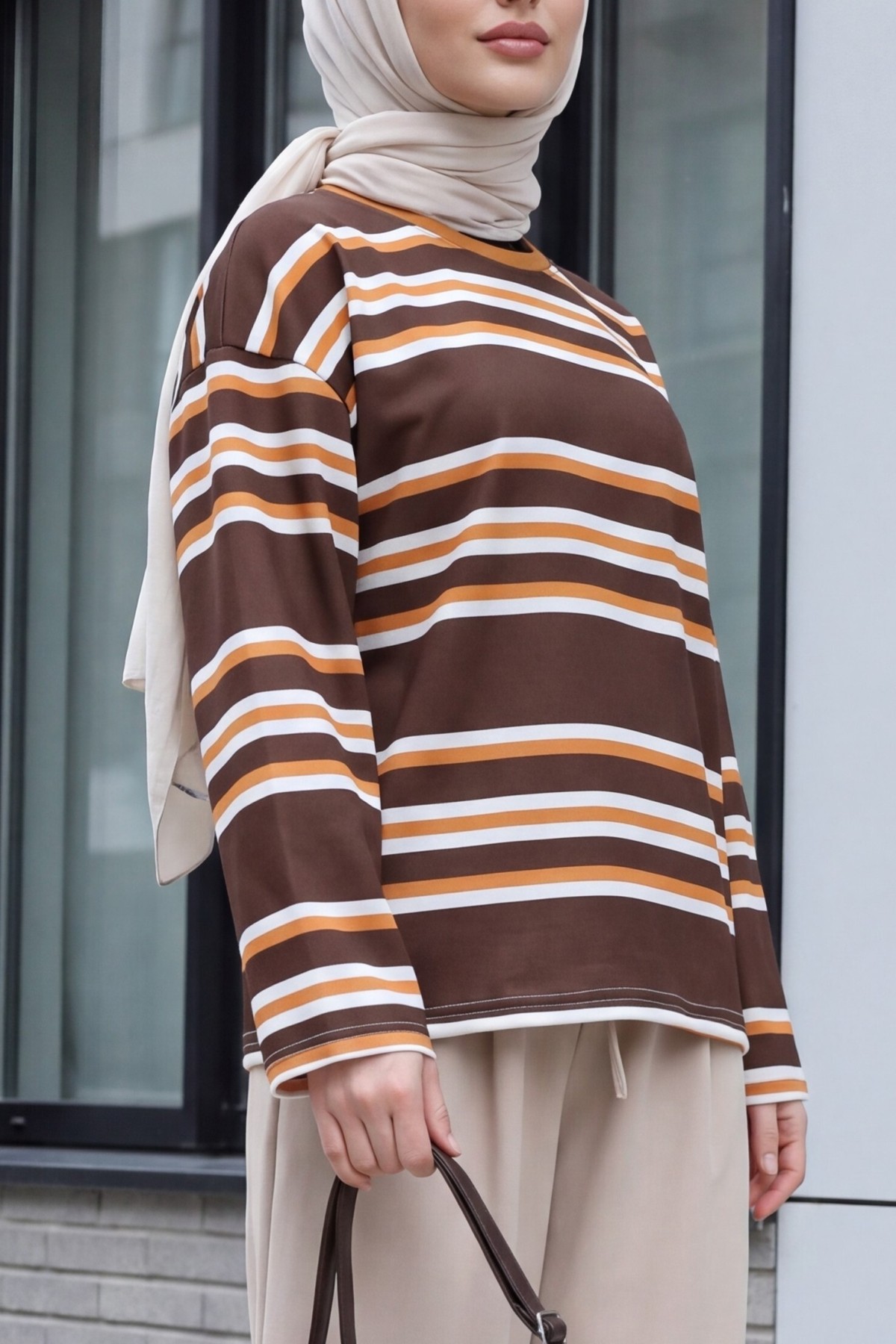 Crew Neck Thick-Striped Relaxed-Fit Jersey Sweatshirt -Brown