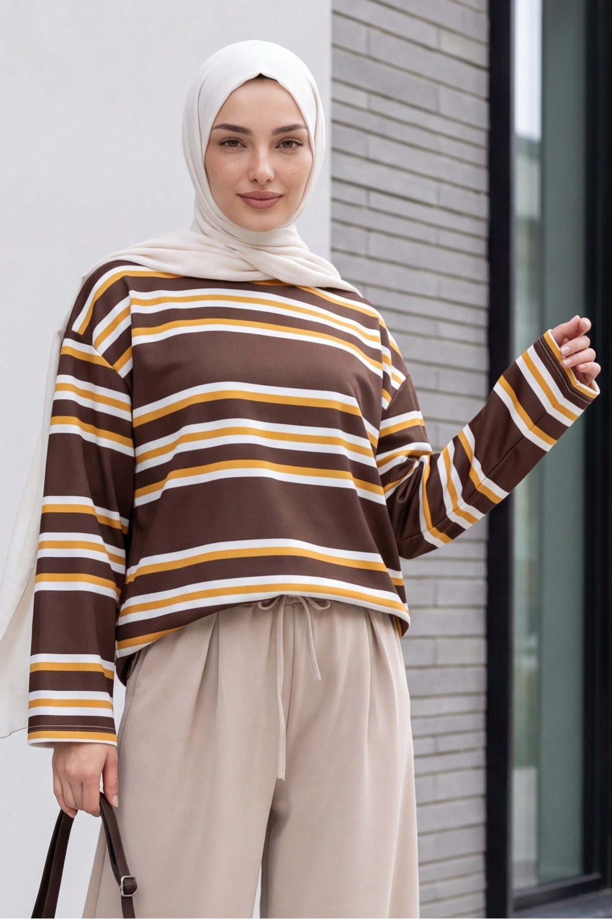Crew Neck Thick-Striped Relaxed-Fit Jersey Sweatshirt -Brown