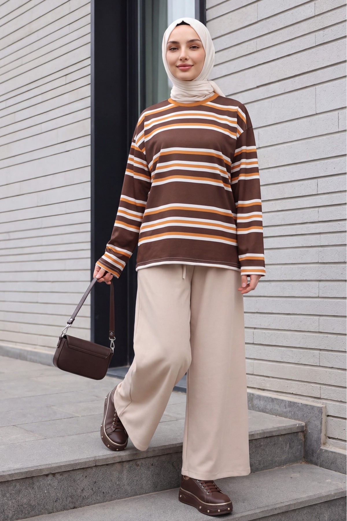 Crew Neck Thick-Striped Relaxed-Fit Jersey Sweatshirt -Brown