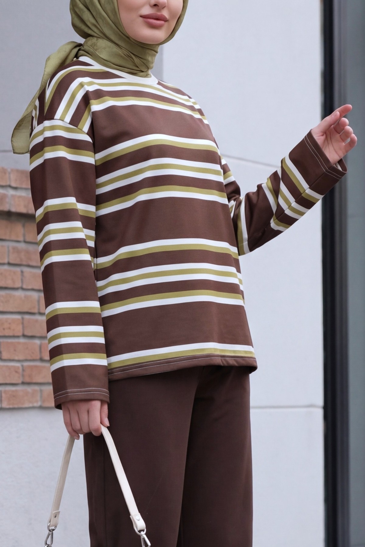 Crew Neck Thick-Striped Relaxed-Fit Jersey Sweatshirt -Olive
