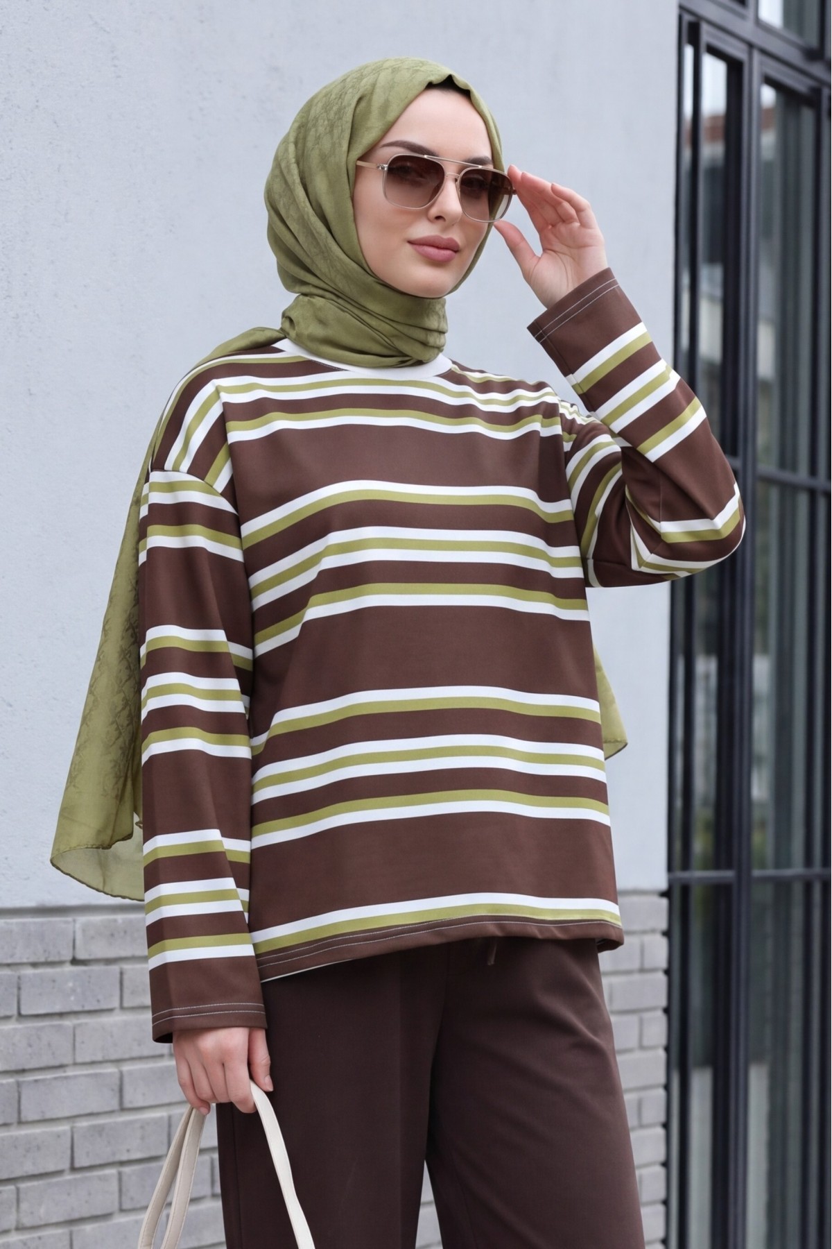 Crew Neck Thick-Striped Relaxed-Fit Jersey Sweatshirt -Olive