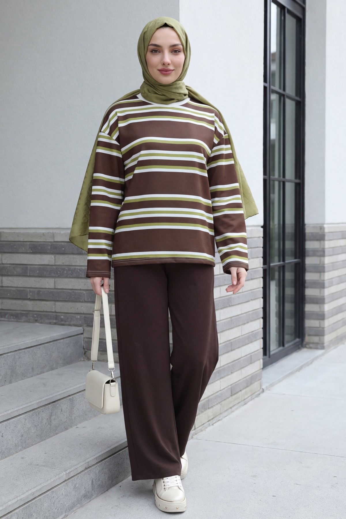 Crew Neck Thick-Striped Relaxed-Fit Jersey Sweatshirt -Olive