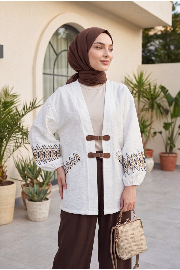 Nakışlı Kolu Lastikli Kemer Detaylı Keten Kimono  -Beyaz