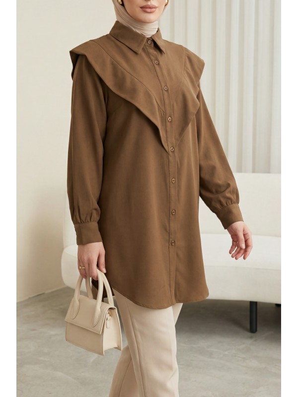 V-Detailed Long Back Buttoned Imported Crepe Tunic -Brown