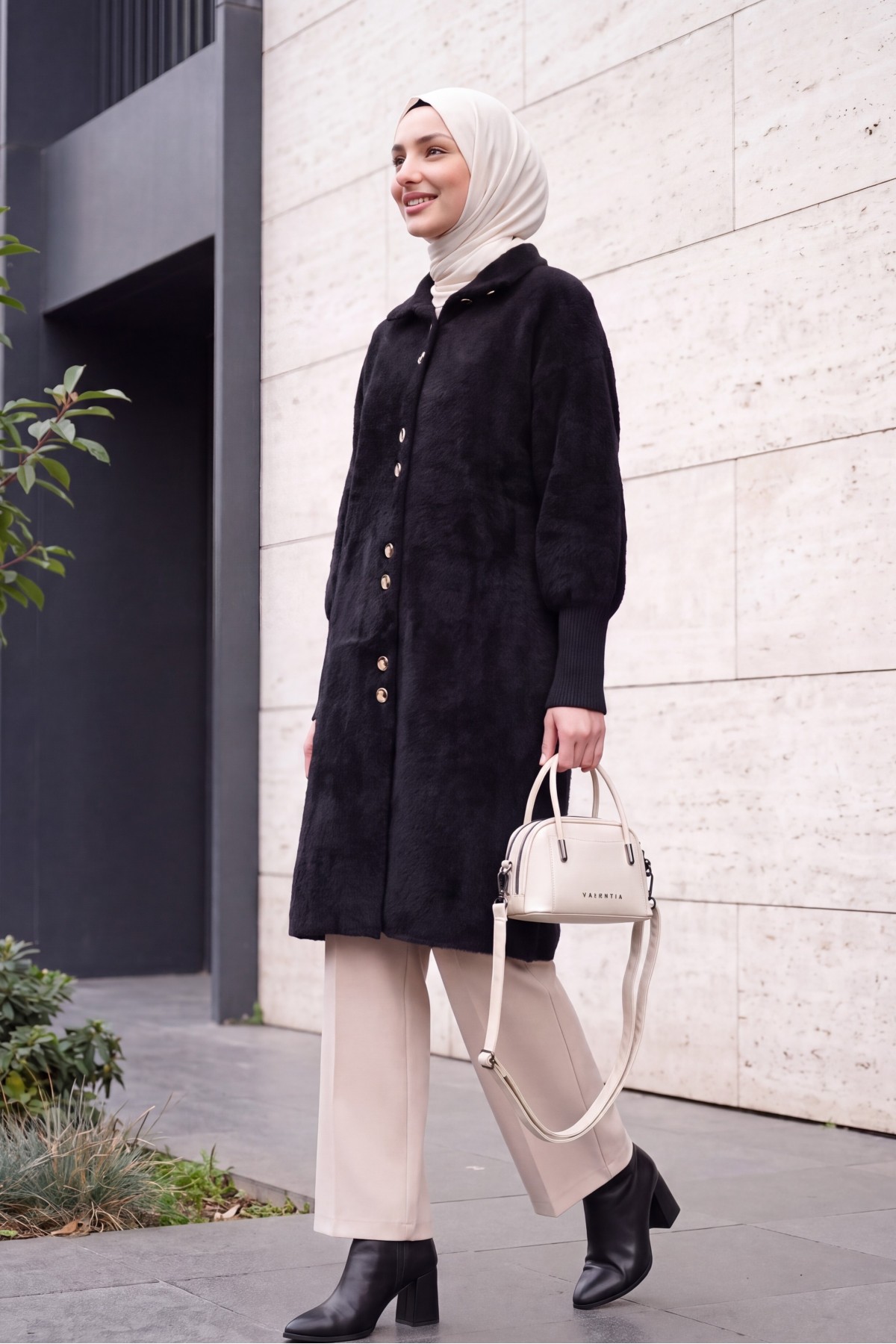 Buttoned Front Long Bearded Soft Cardigan -Black