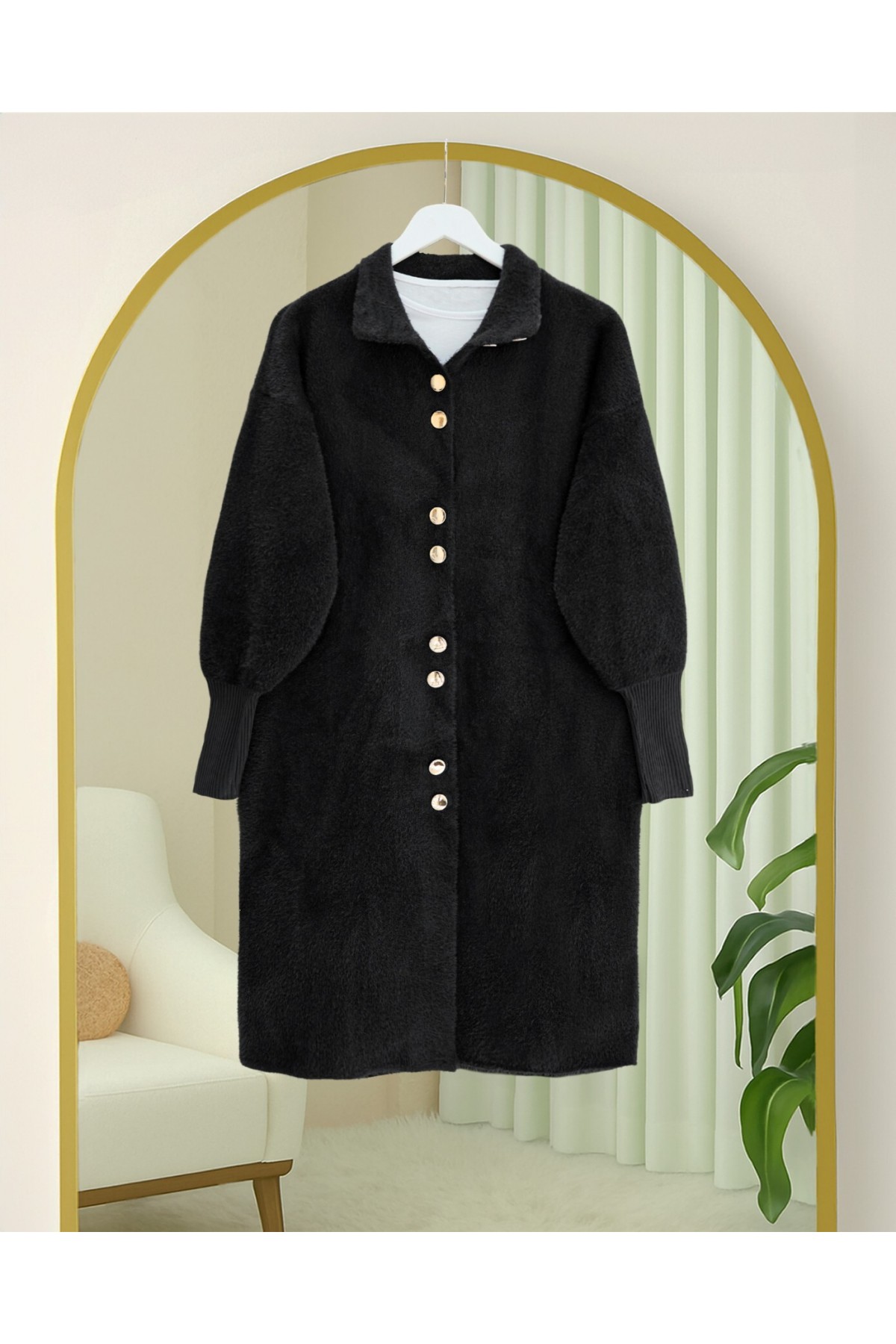 Buttoned Front Long Bearded Soft Cardigan -Black