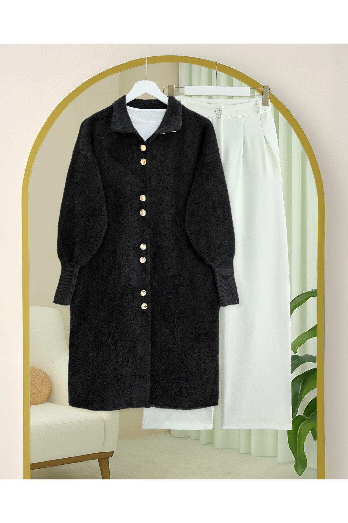 Buttoned Front Long Bearded Soft Cardigan -Black