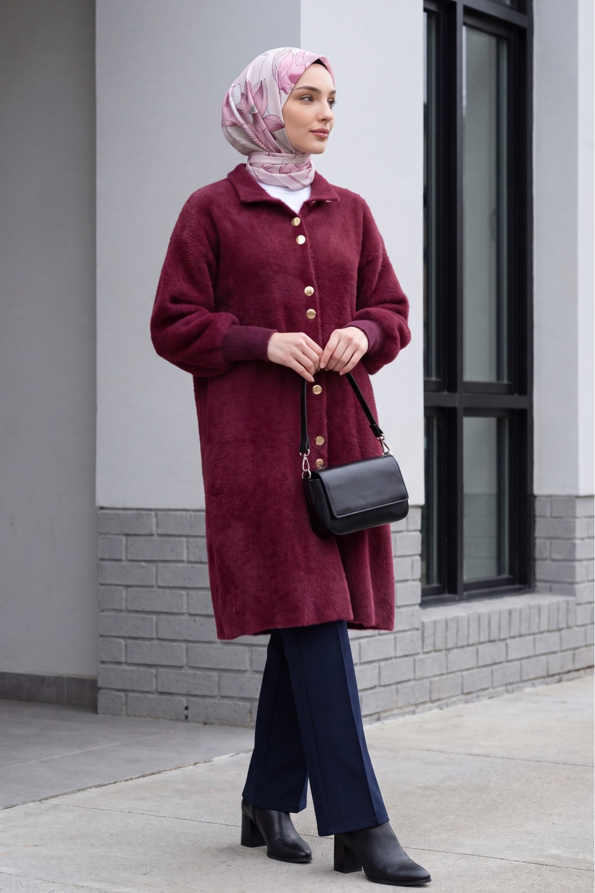 Buttoned Front Long Bearded Soft Cardigan -Maroon