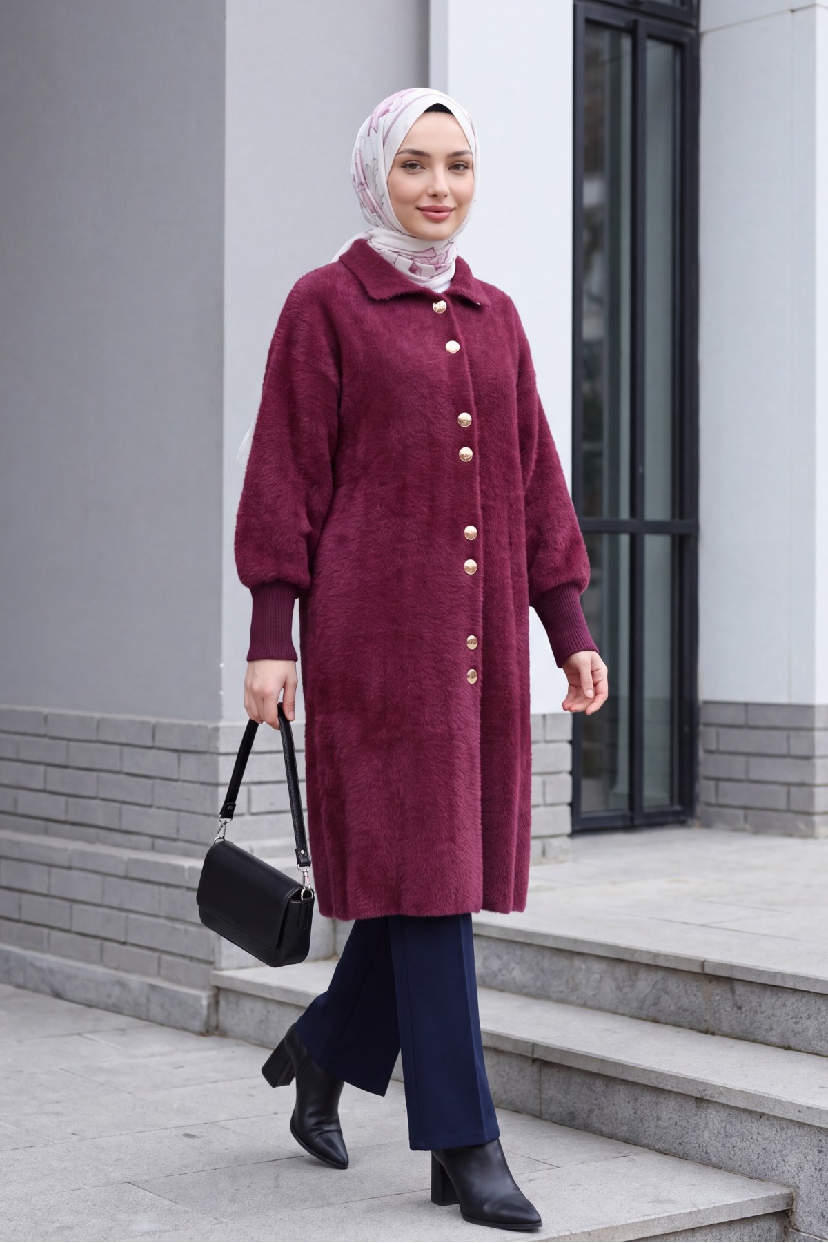 Buttoned Front Long Bearded Soft Cardigan -Maroon
