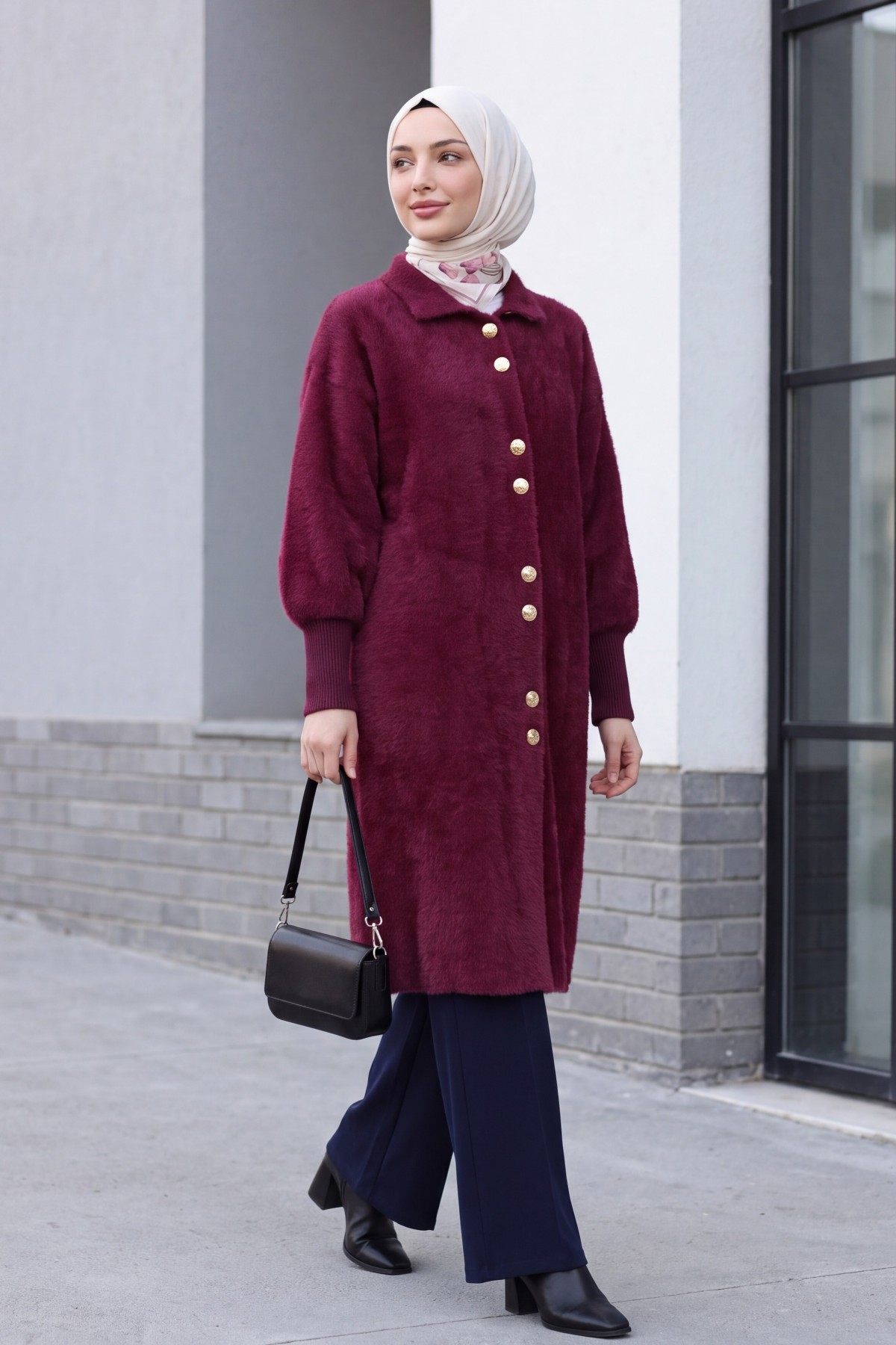 Buttoned Front Long Bearded Soft Cardigan -Maroon