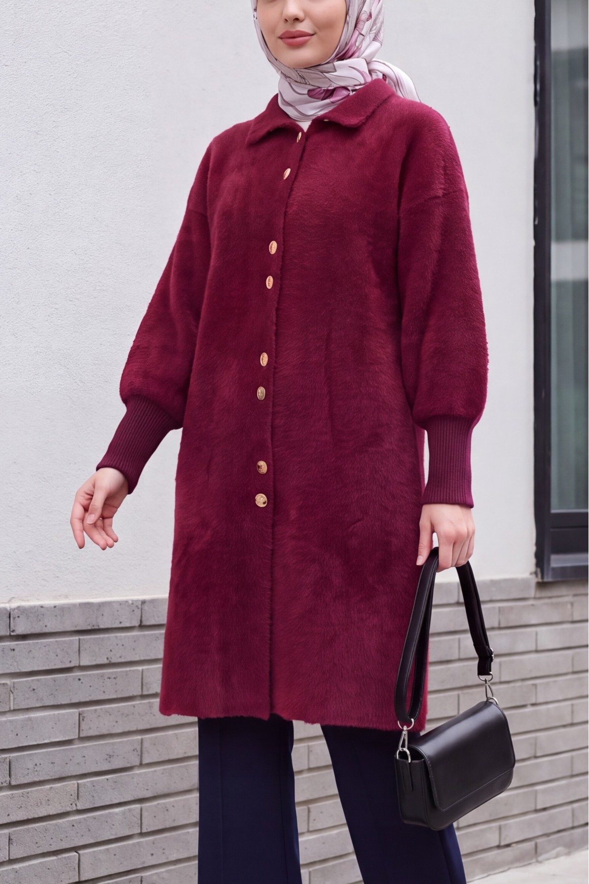 Buttoned Front Long Bearded Soft Cardigan -Maroon