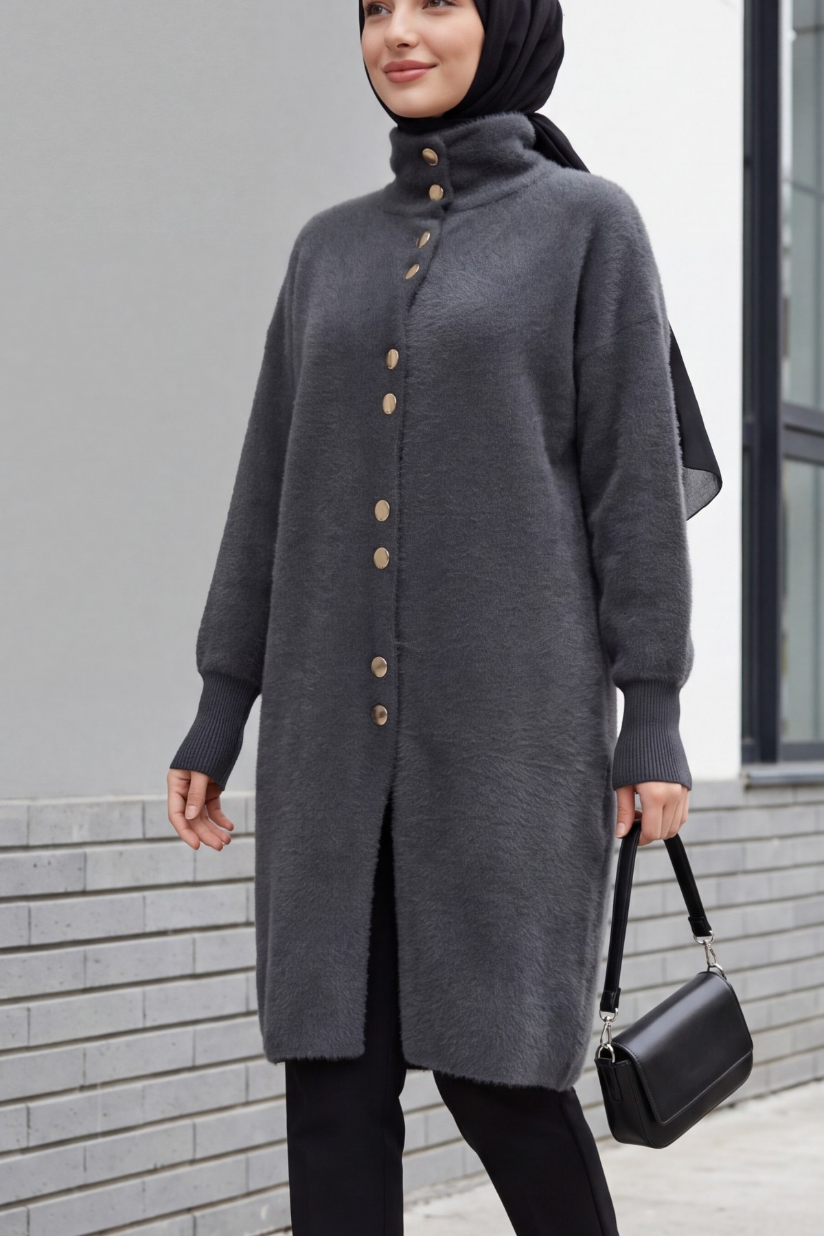 Buttoned Front Long Bearded Soft Cardigan  -Smoked 