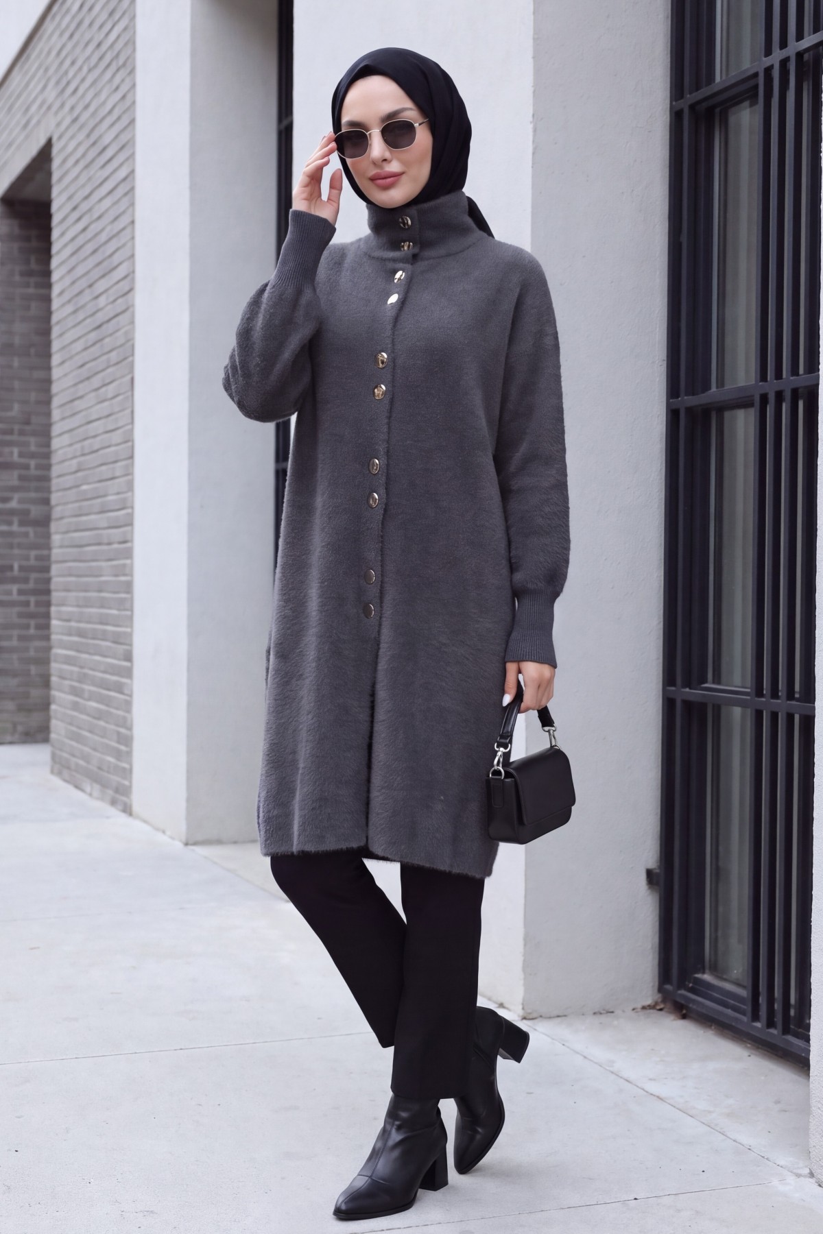 Buttoned Front Long Bearded Soft Cardigan  -Smoked 