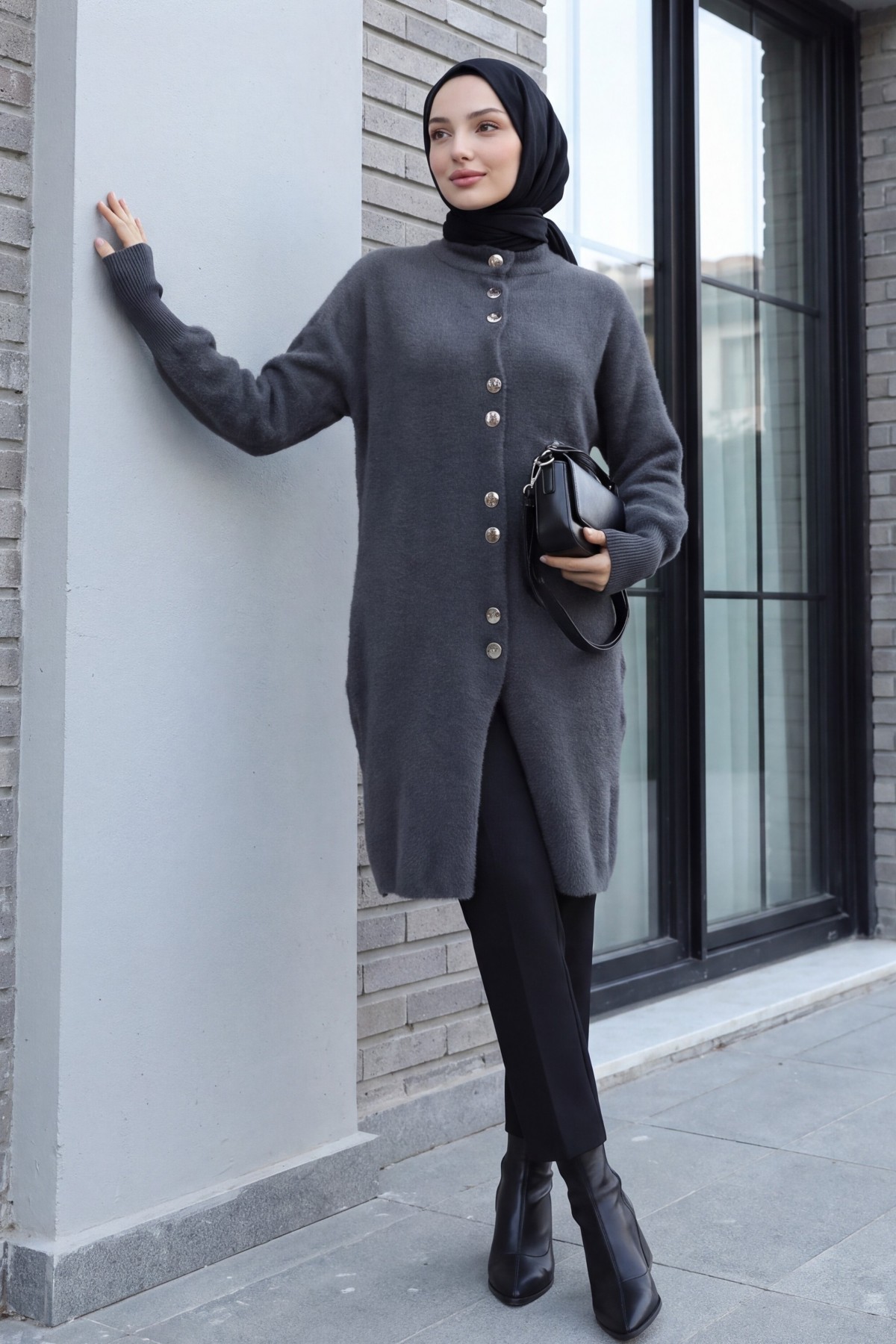 Buttoned Front Long Bearded Soft Cardigan  -Smoked 