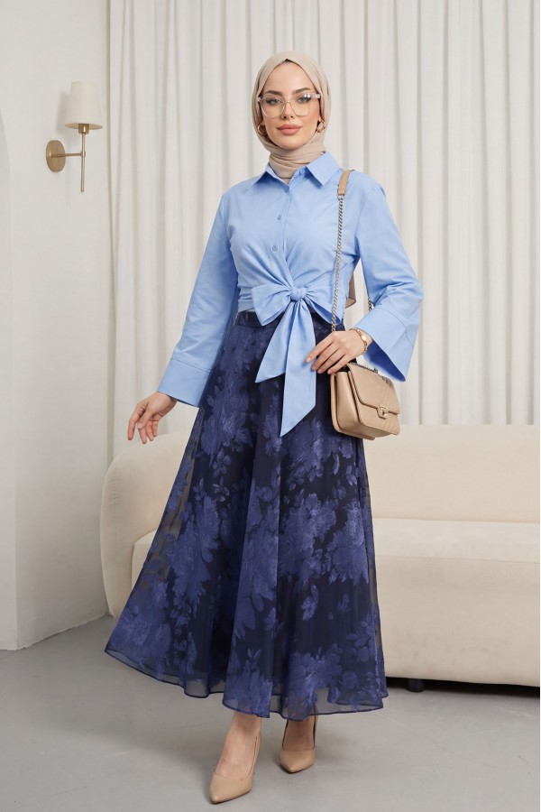 تنورة شيفون مبطنة بنقوش وسحاب جانبي -كحلي