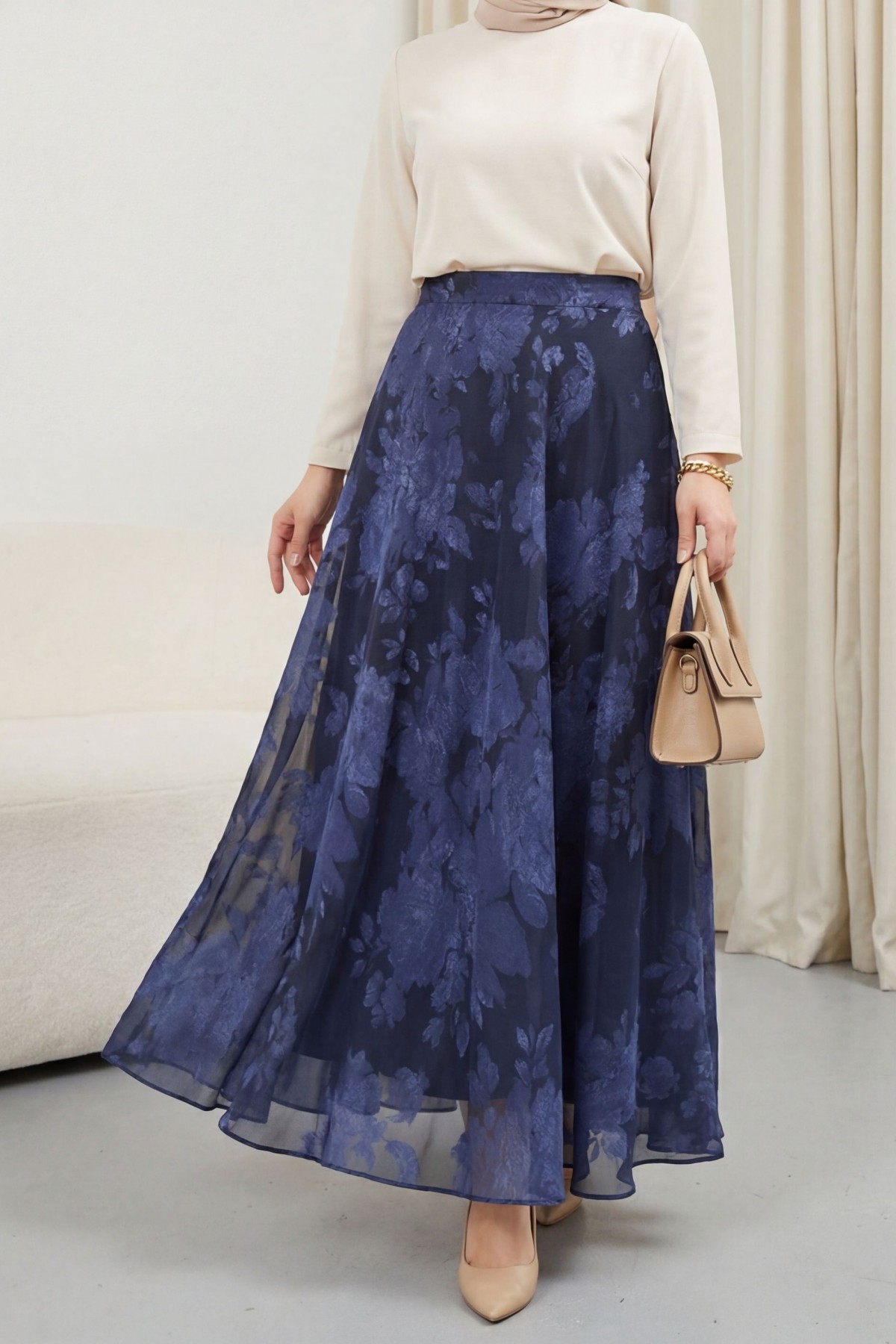 تنورة شيفون مبطنة بنقوش وسحاب جانبي -كحلي