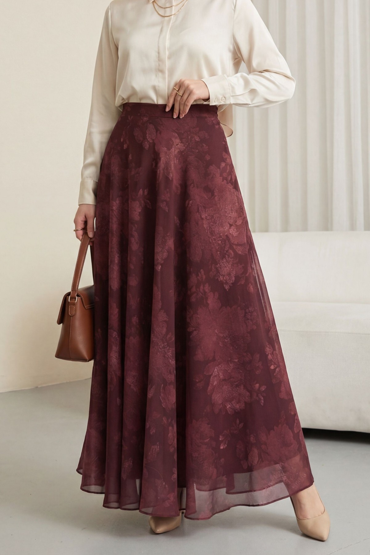 تنورة شيفون مبطنة بنقوش وسحاب جانبي -بوردو