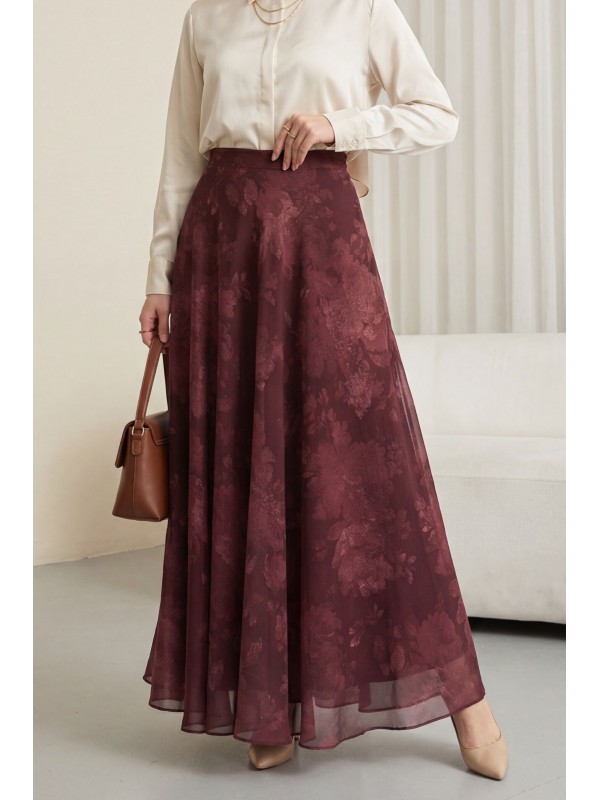 Yandan Fermuarlı Desenli Astarlı Şifon Etek -Bordo