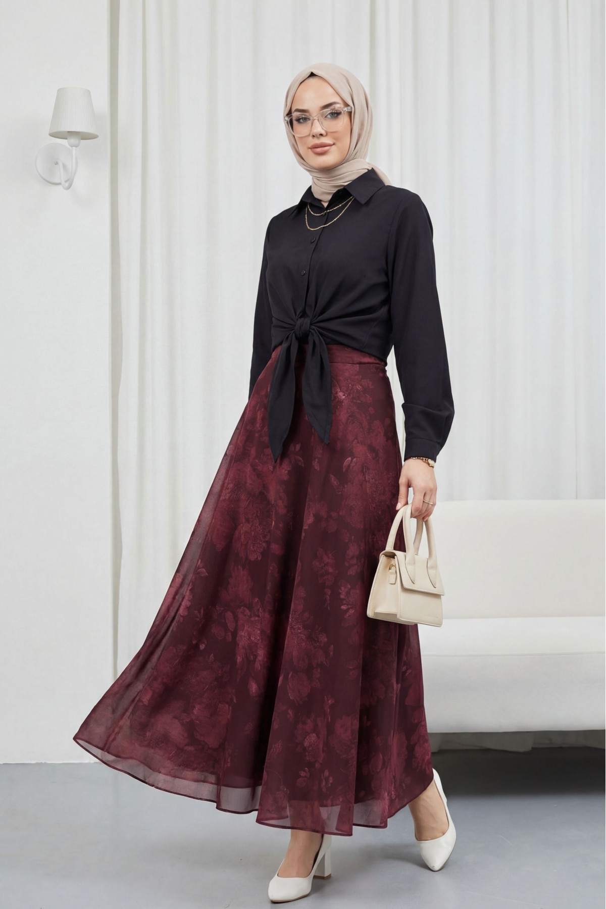 تنورة شيفون مبطنة بنقوش وسحاب جانبي -بوردو