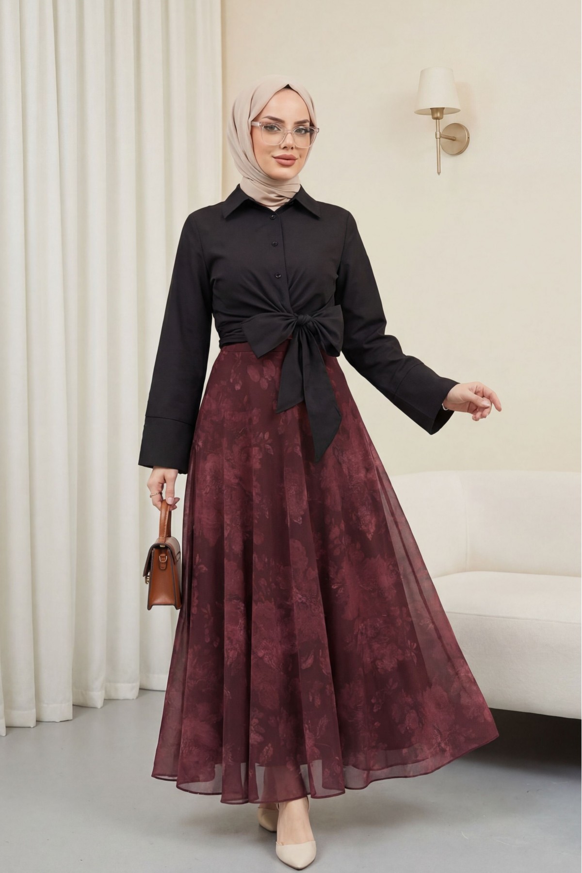 تنورة شيفون مبطنة بنقوش وسحاب جانبي -بوردو