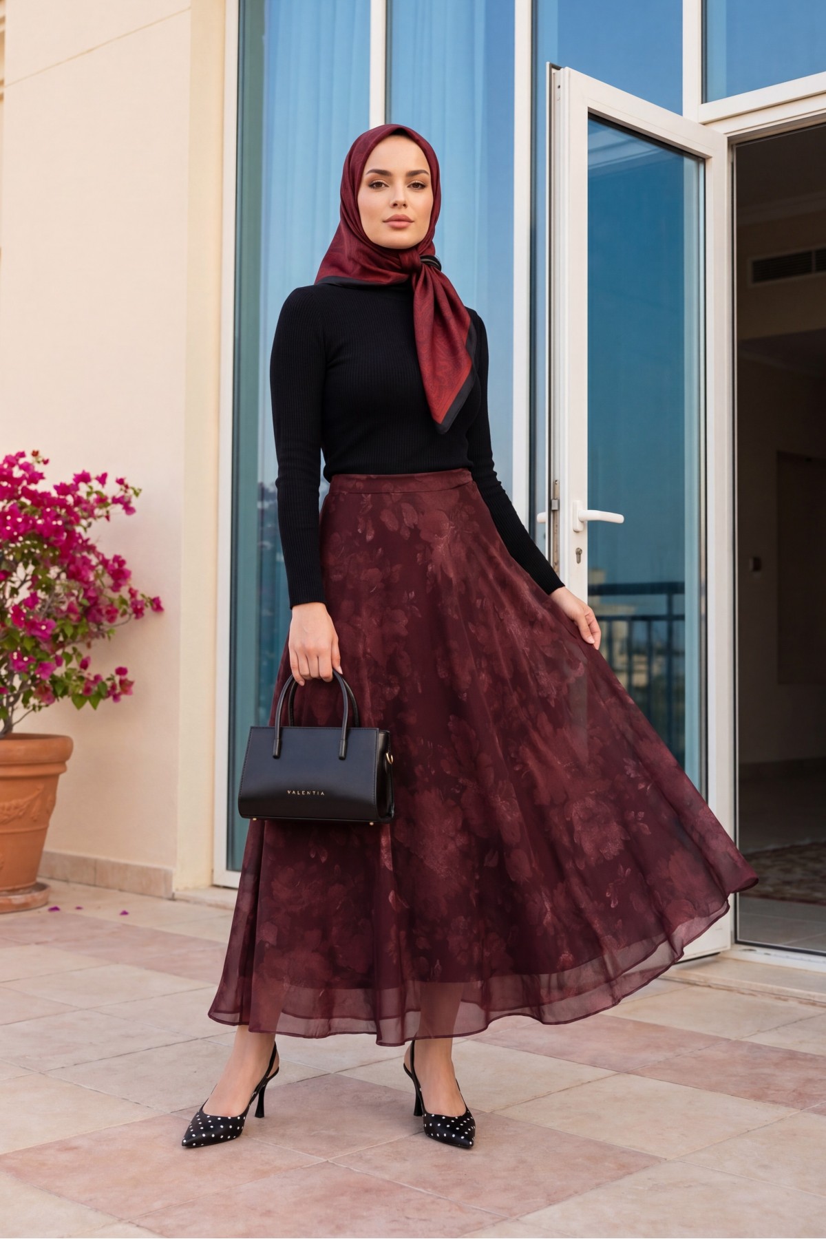 Side Zipper Patterned Lined Chiffon Skirt -Maroon
