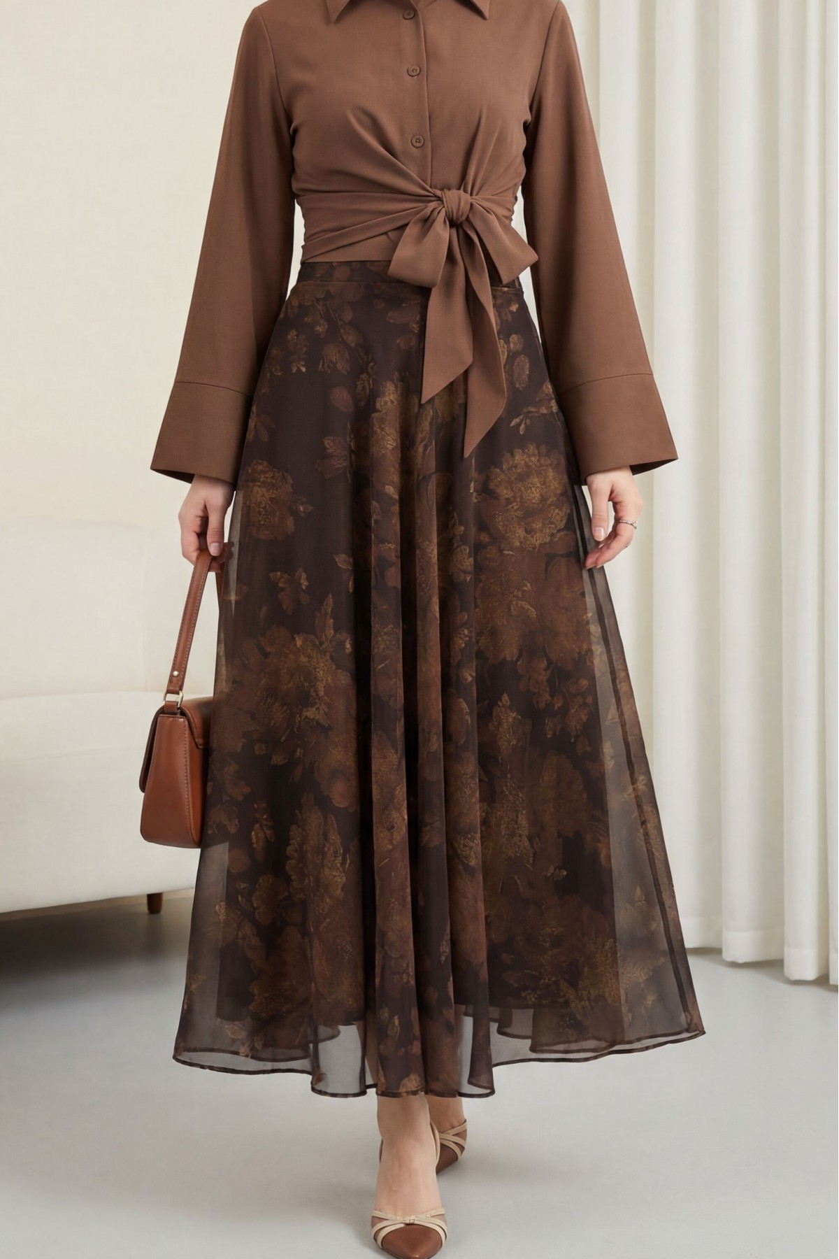 تنورة شيفون مبطنة بنقوش وسحاب جانبي -بنى