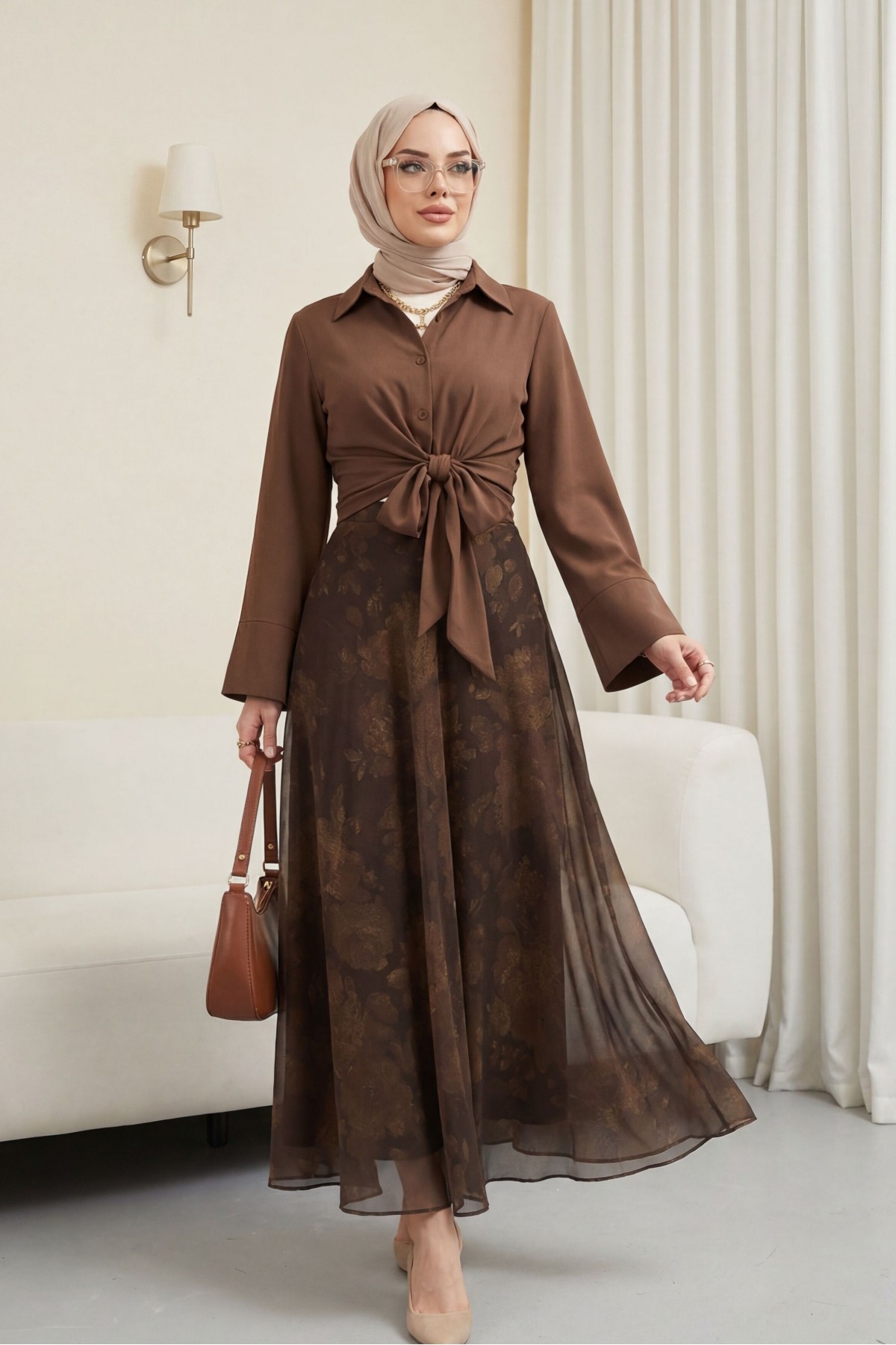 تنورة شيفون مبطنة بنقوش وسحاب جانبي -بنى