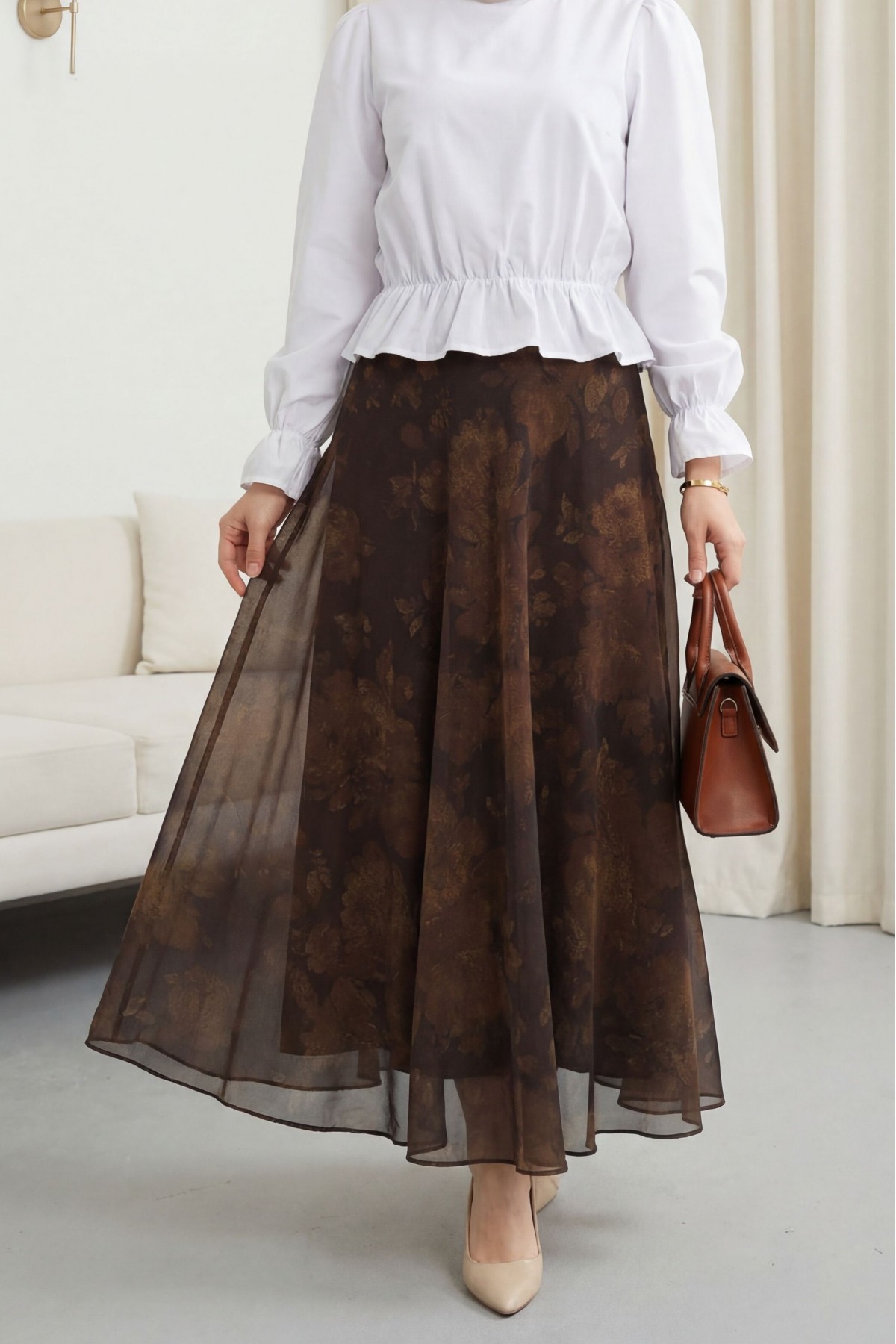 تنورة شيفون مبطنة بنقوش وسحاب جانبي -بنى