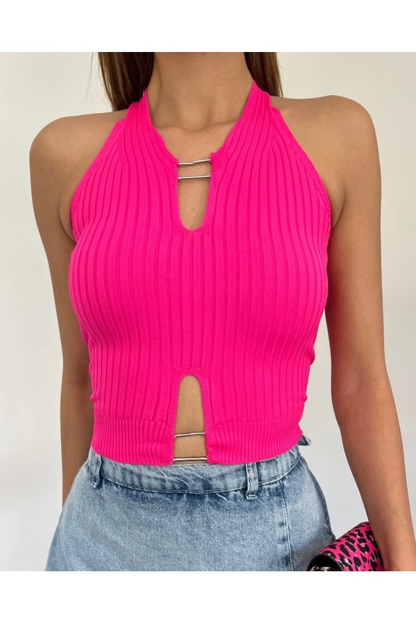 Metal Detail Zero Sleeve Ribbed Knitwear Crop Athlete -Fuchsia