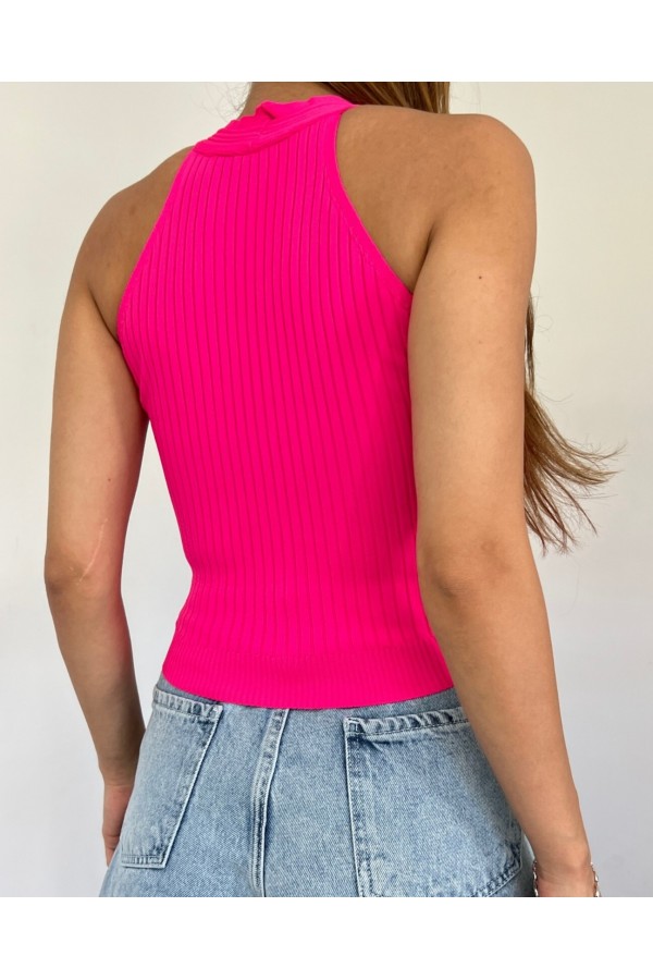 Metal Detail Zero Sleeve Ribbed Knitwear Crop Athlete -Fuchsia
