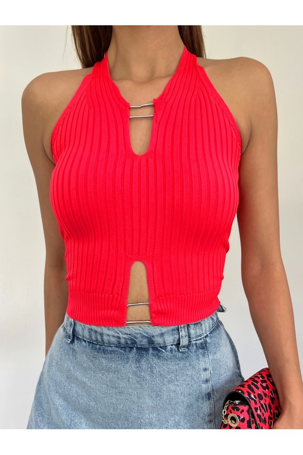 Metal Detail Zero Sleeve Ribbed Knitwear Crop Athlete -Red