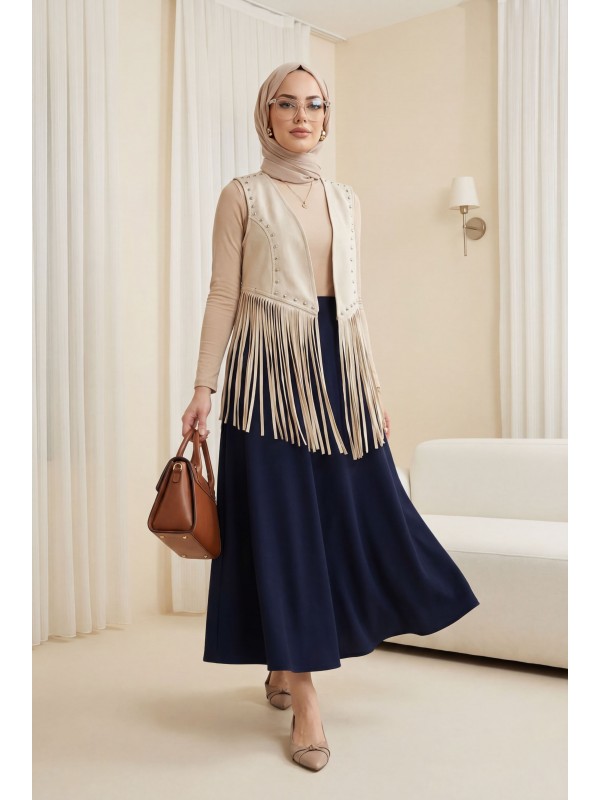 Taş Detaylı Püsküllü Droplu Süet Yelek -Taş