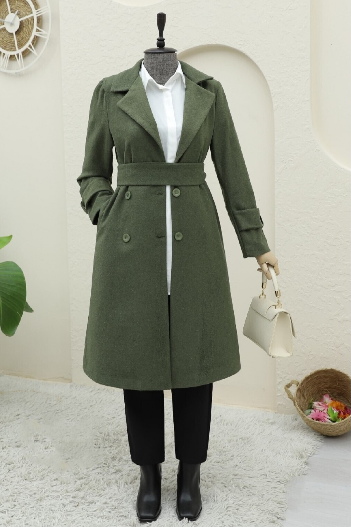 Belted Cashmere Coat with Bolero Detail on the Back -Khaki