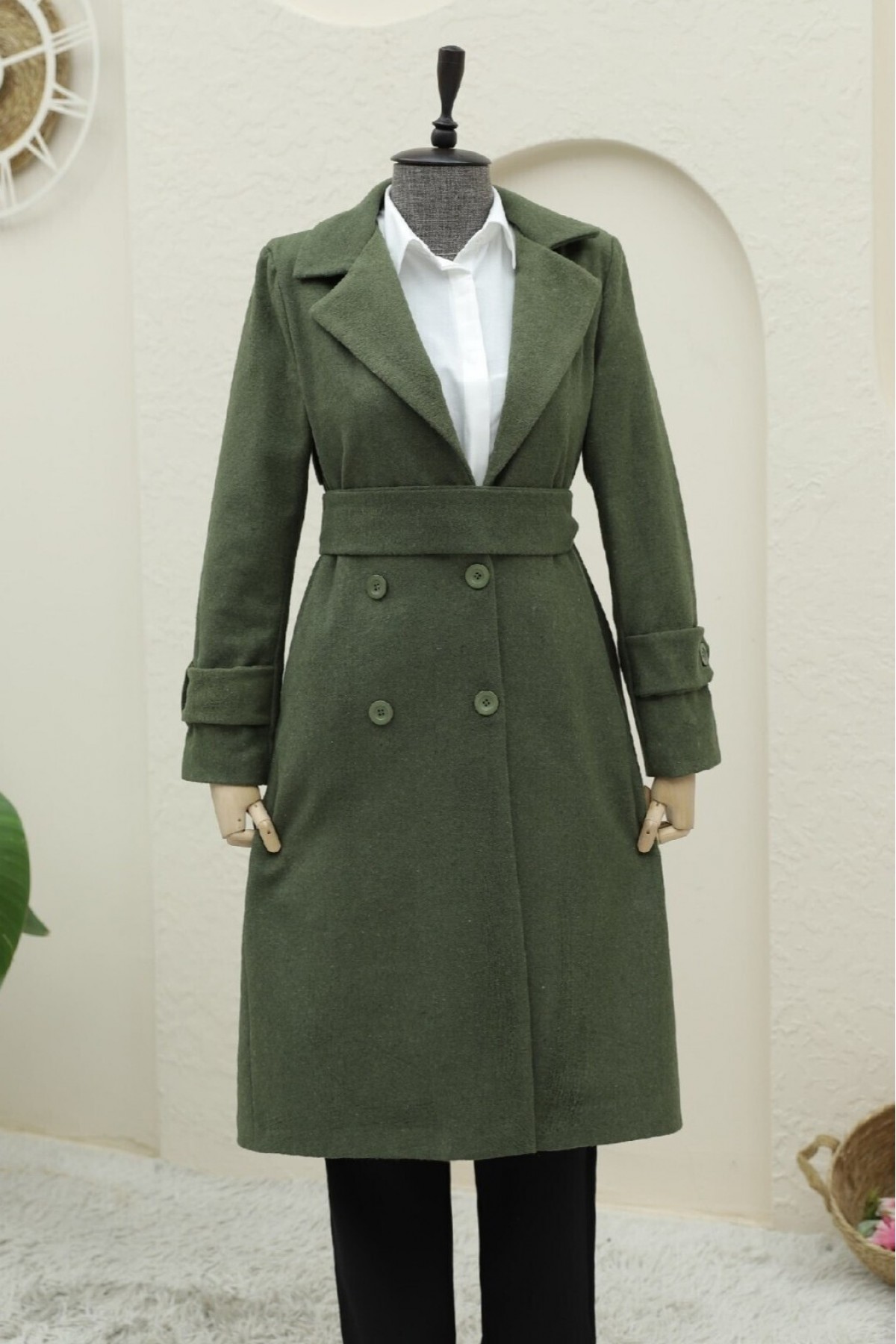 Belted Cashmere Coat with Bolero Detail on the Back -Khaki