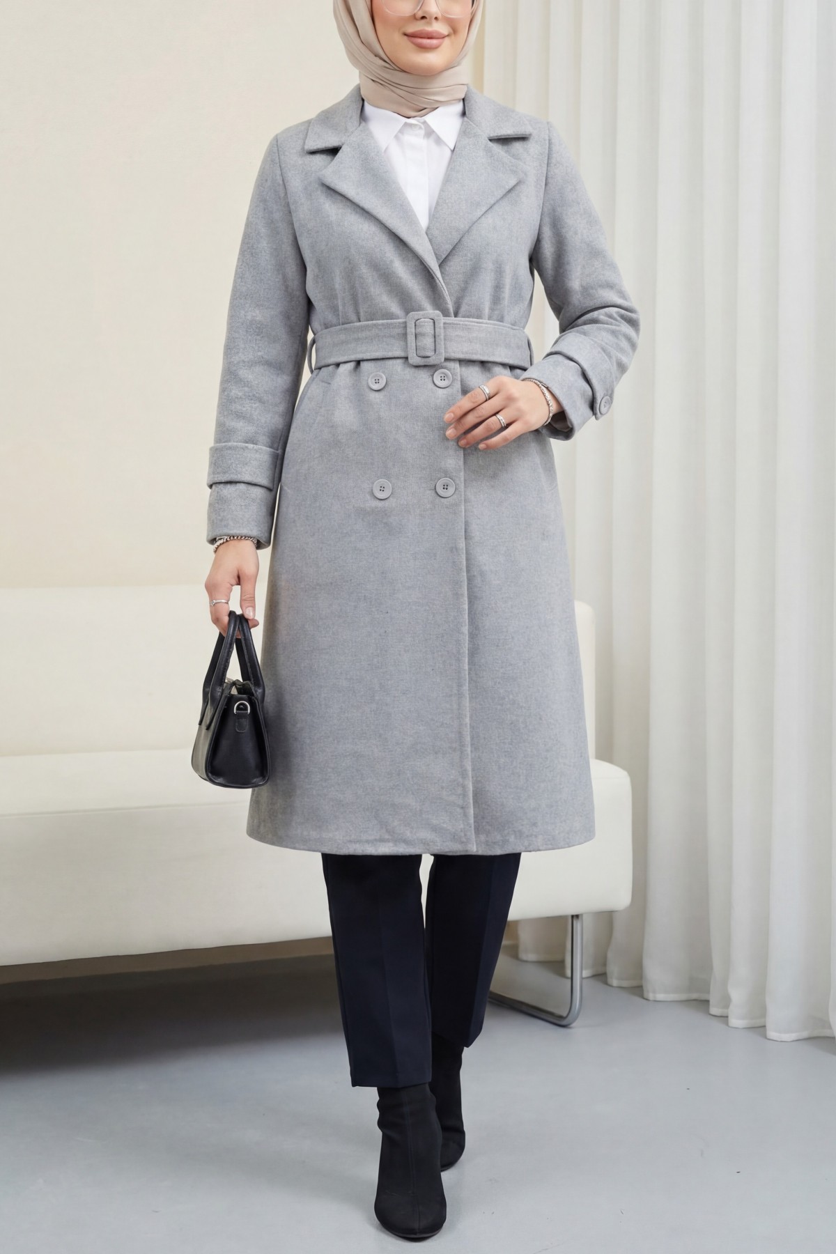 Belted Cashmere Coat with Bolero Detail on the Back -Grey