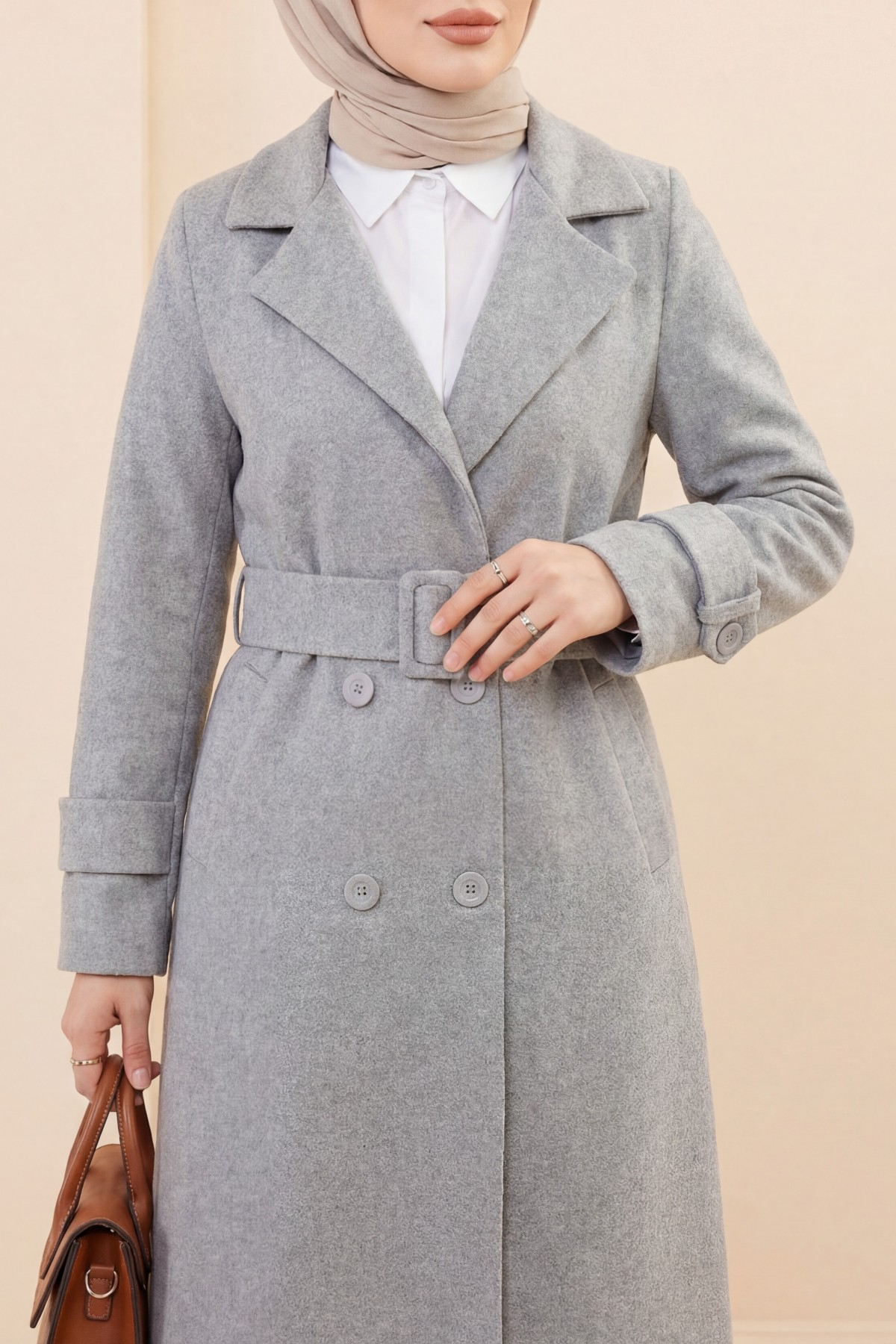 Belted Cashmere Coat with Bolero Detail on the Back -Grey