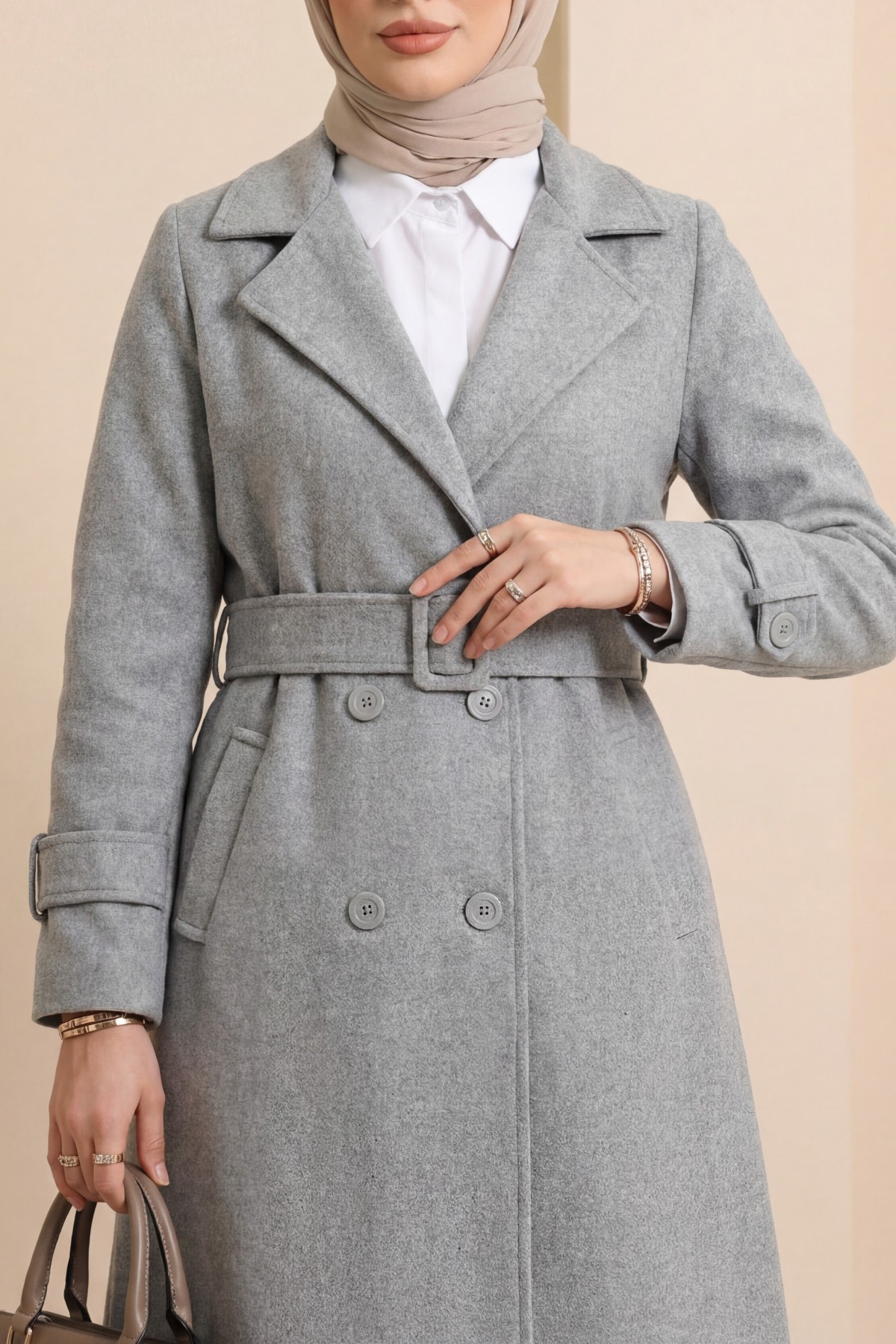 Belted Cashmere Coat with Bolero Detail on the Back -Grey