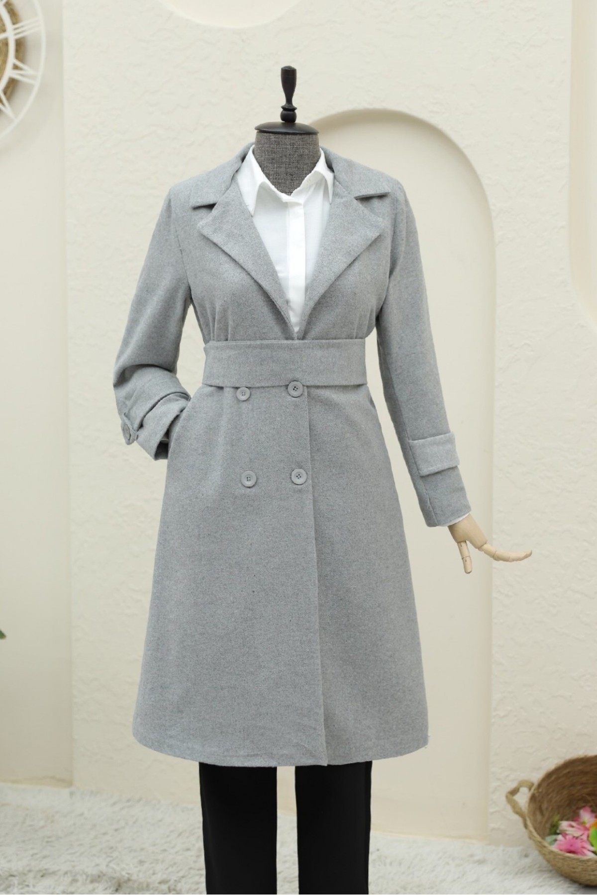 Belted Cashmere Coat with Bolero Detail on the Back -Grey