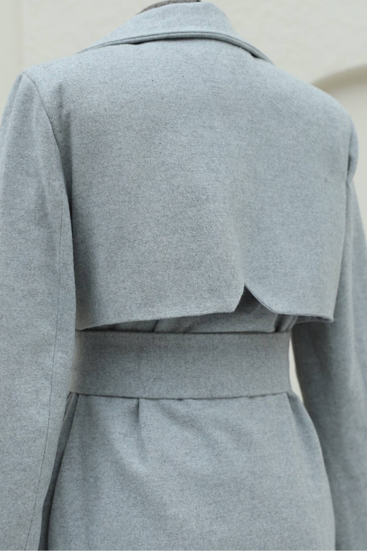 Belted Cashmere Coat with Bolero Detail on the Back -Grey