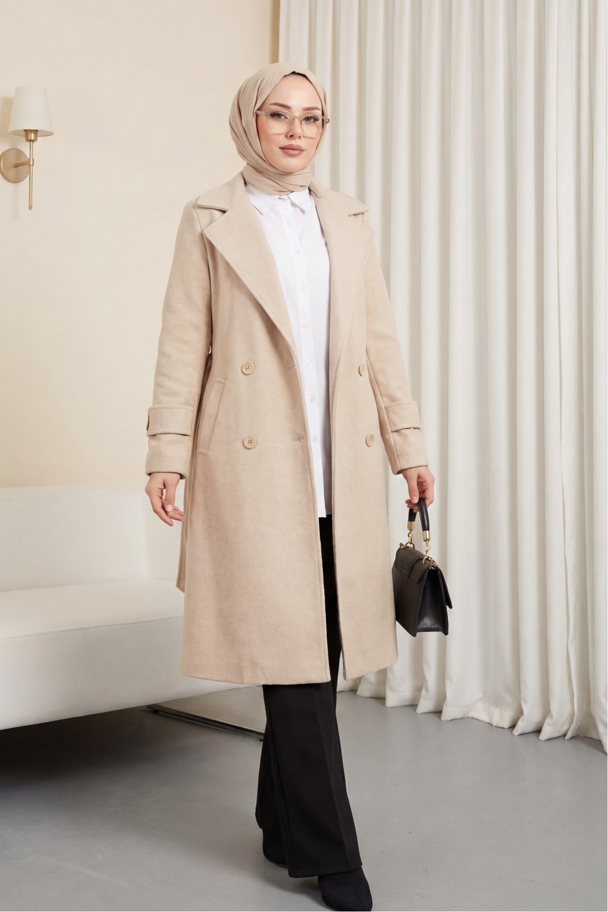 Belted Cashmere Coat with Bolero Detail on the Back - Beige
