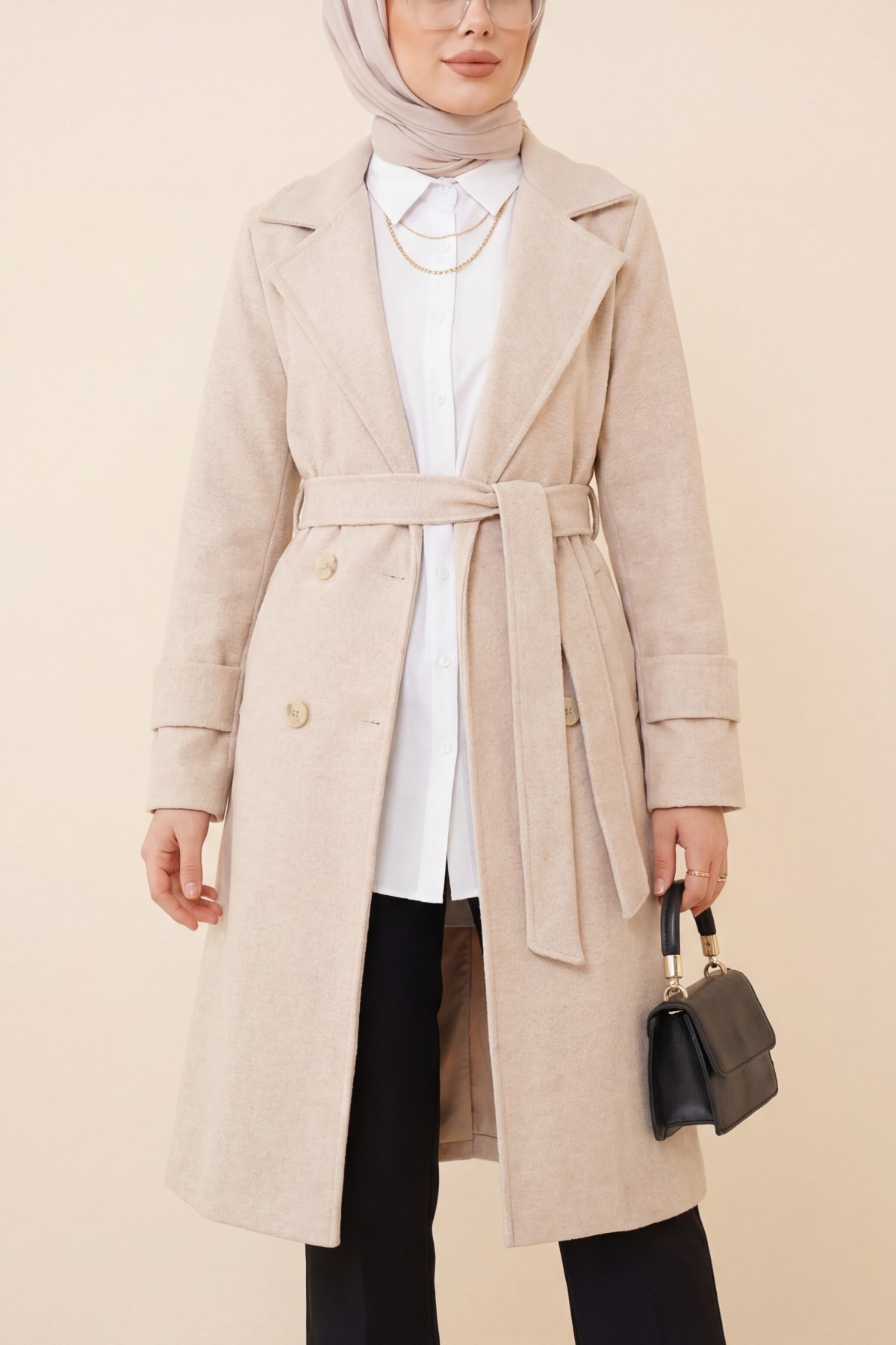 Belted Cashmere Coat with Bolero Detail on the Back - Beige