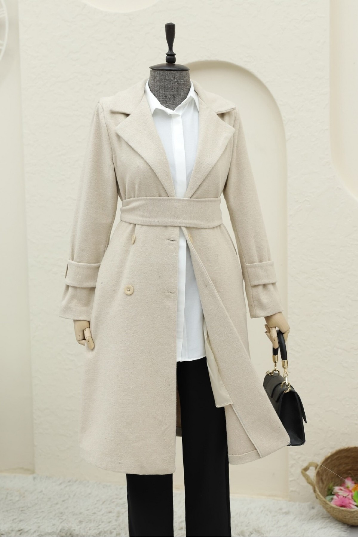 Belted Cashmere Coat with Bolero Detail on the Back - Beige
