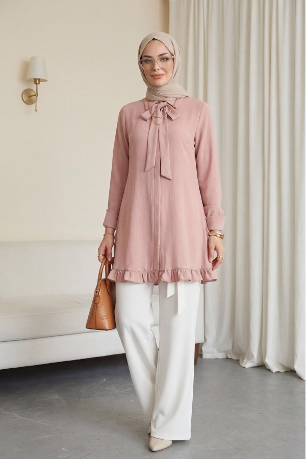 Eteği Fırfırlı Beli Bağcıklı Gizli Düğmeli Modal Tunik  -Pudra