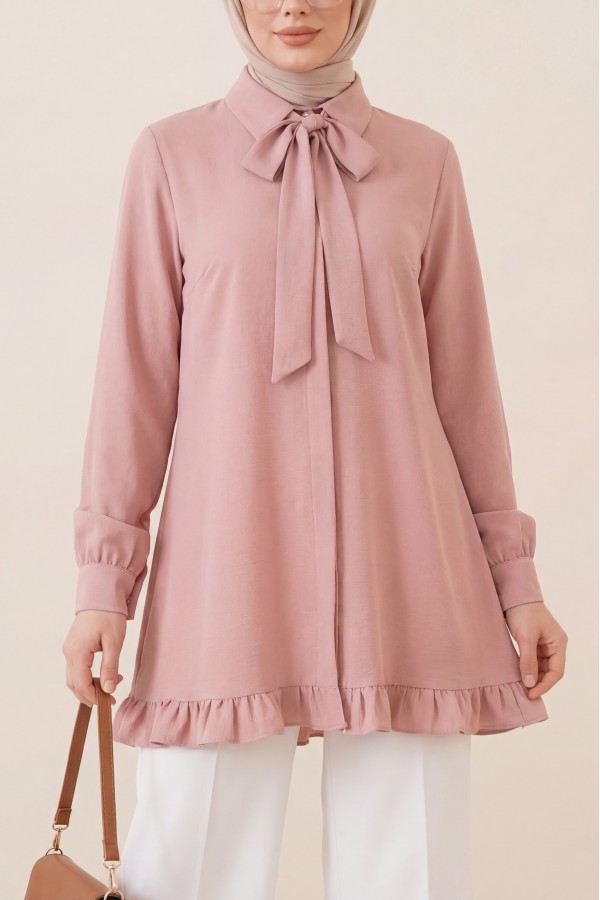 Eteği Fırfırlı Beli Bağcıklı Gizli Düğmeli Modal Tunik  -Pudra
