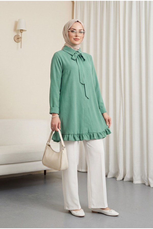 Eteği Fırfırlı Beli Bağcıklı Gizli Düğmeli Modal Tunik  -Koyu Yeşil
