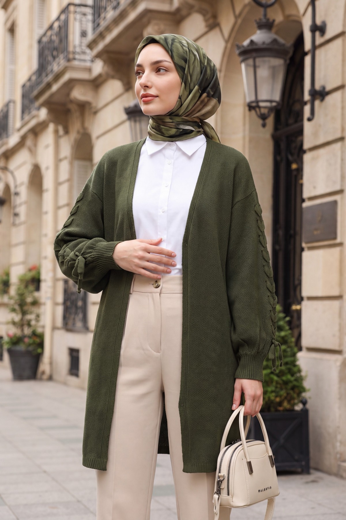Loose-fitting knitted cardigan with braided sleeves -Khaki