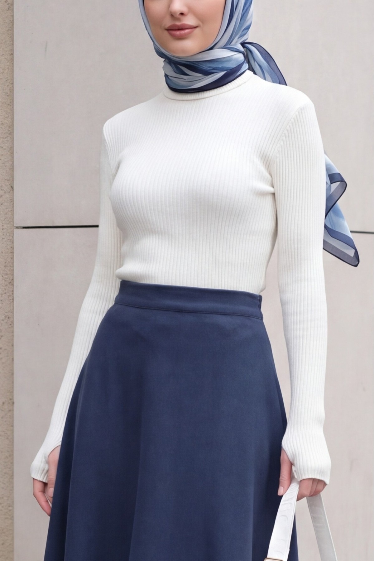 Turtleneck Knitted Bodysuit with Finger-Loop Detail -White