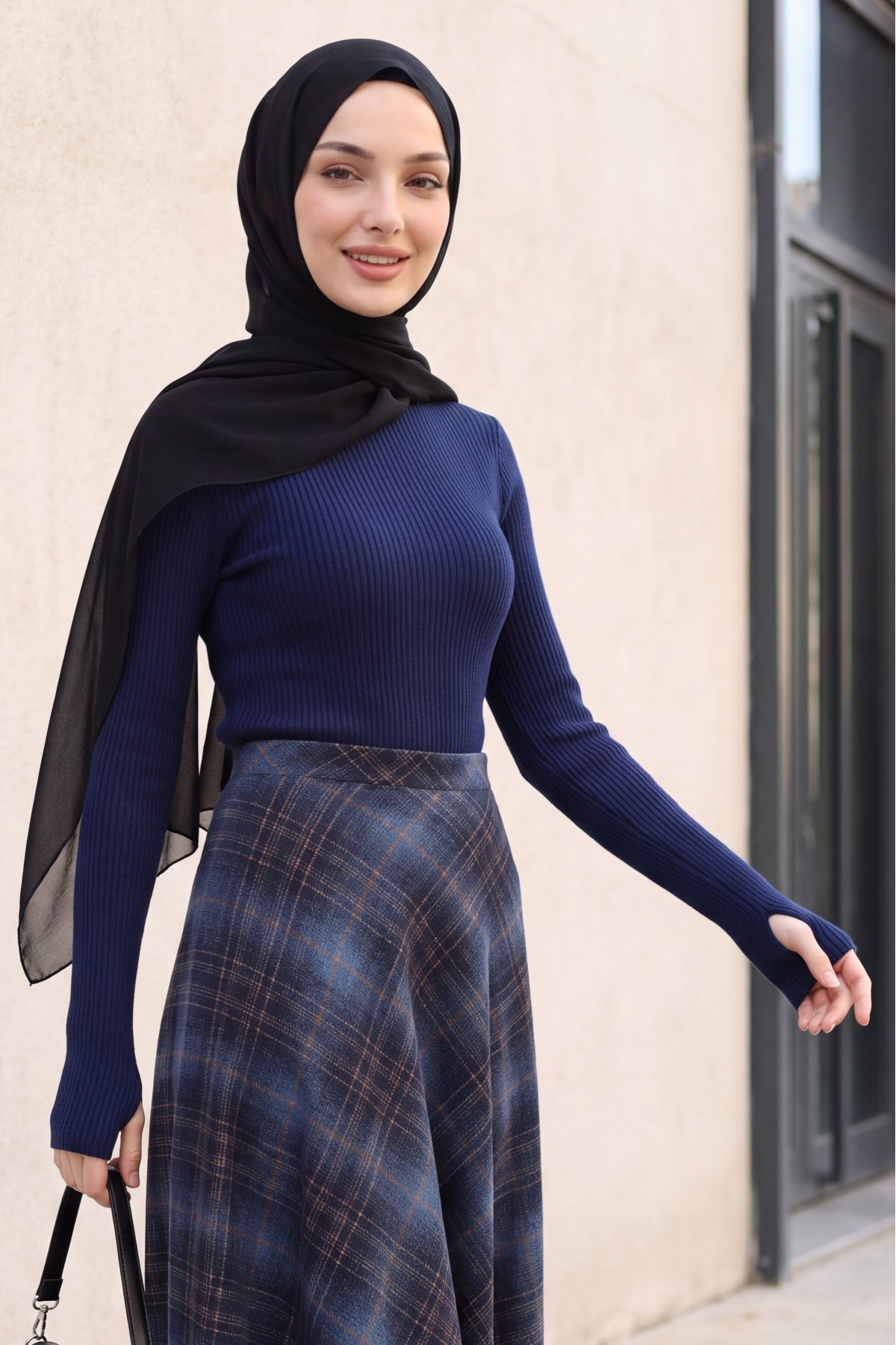 Turtleneck Knitted Bodysuit with Finger-Loop Detail -Navy blue