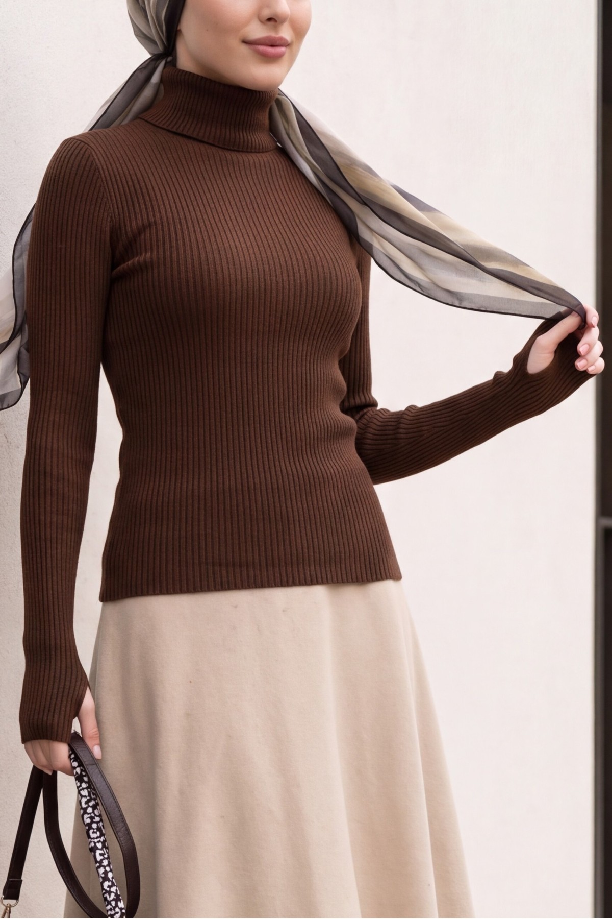 Turtleneck Knitted Bodysuit with Finger-Loop Detail -Brown